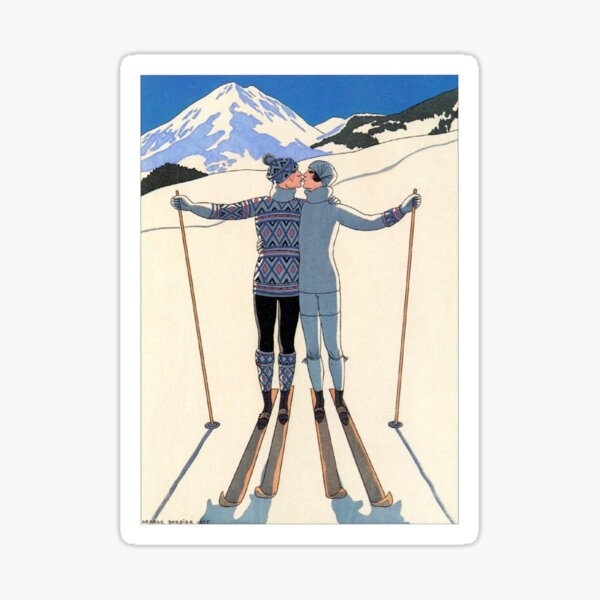 Vintage George Barbier - Couple Skiing 1925 Fine Art Sticker