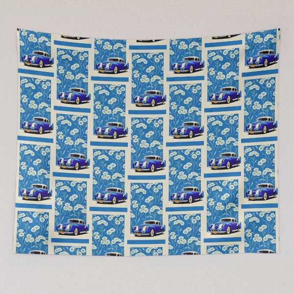 Item preview, vintage luxury car sticker, navy blue body, on a light blue background dotted with white flowers designed and sold by Creativesphotos.