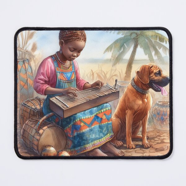 Item preview, Young Woman Playing the Mbira with her Rhodesian Ridgeback Dog in Africa Sweet Happy Teen Music Gift designed and sold by ElegantTeaTime.