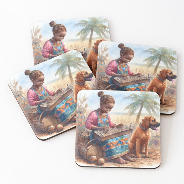 Item preview, Young Woman Playing the Mbira with her Rhodesian Ridgeback Dog in Africa Sweet Happy Teen Music Gift designed and sold by ElegantTeaTime.