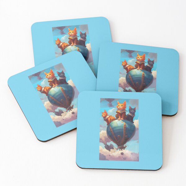 Item preview, three cute flying kittens, perched on a hot air balloon against a blue sky background designed and sold by Creativesphotos.