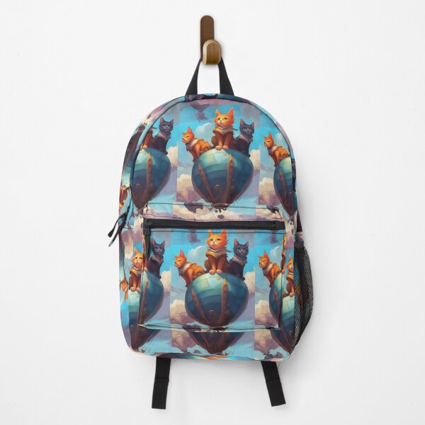 Item preview, three cute flying kittens, perched on a hot air balloon against a blue sky background designed and sold by Creativesphotos.