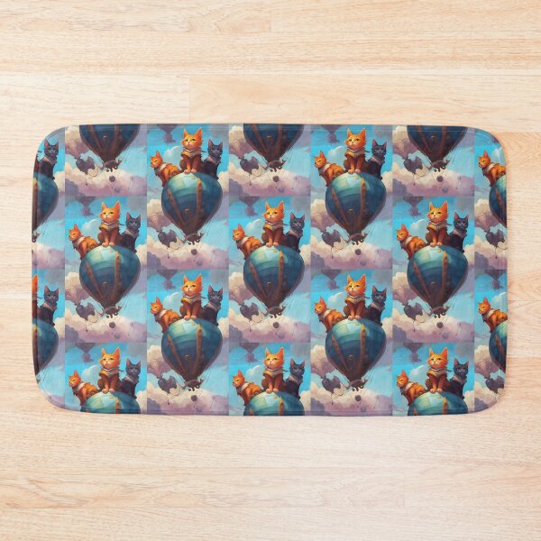 Item preview, three cute flying kittens, perched on a hot air balloon against a blue sky background designed and sold by Creativesphotos.