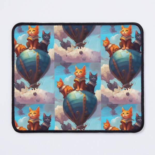 Item preview, three cute flying kittens, perched on a hot air balloon against a blue sky background designed and sold by Creativesphotos.