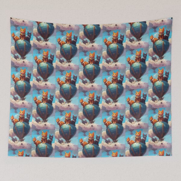 Item preview, three cute flying kittens, perched on a hot air balloon against a blue sky background designed and sold by Creativesphotos.
