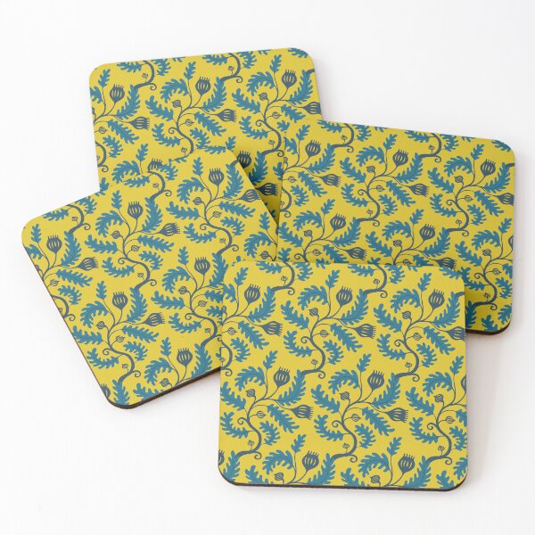 Item preview, Twisting Vine: verde azulado y azul marino sobre amarillo mostaza. Patrón floral de Cecca Designs designed and sold by Cecca-Designs.