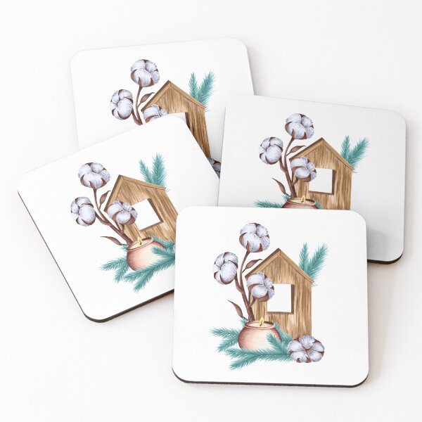 Item preview, Wooden House with Cotton Flowers, Candle and Pine Branches designed and sold by Smetankinaart.