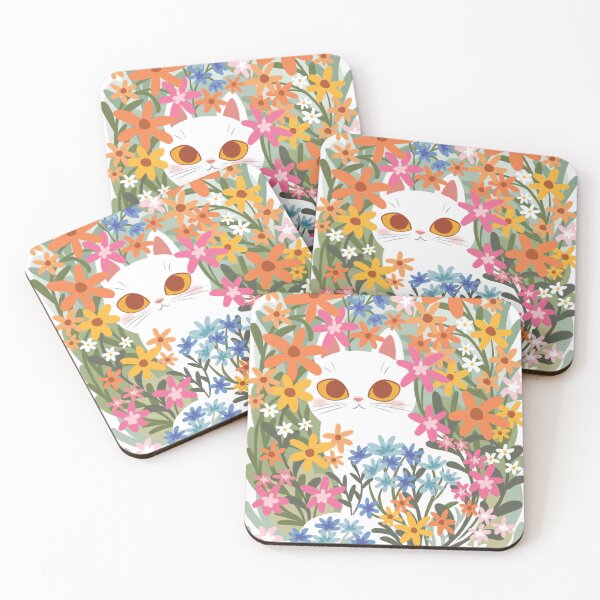 Item preview, White cat In colorful flower patch  designed and sold by michelledraws.