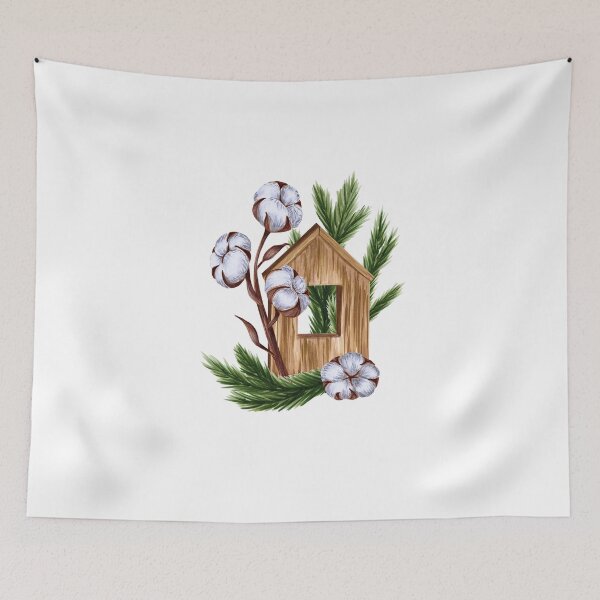 Item preview, Wooden House with Cotton Flowers and Fir Branches designed and sold by Smetankinaart.