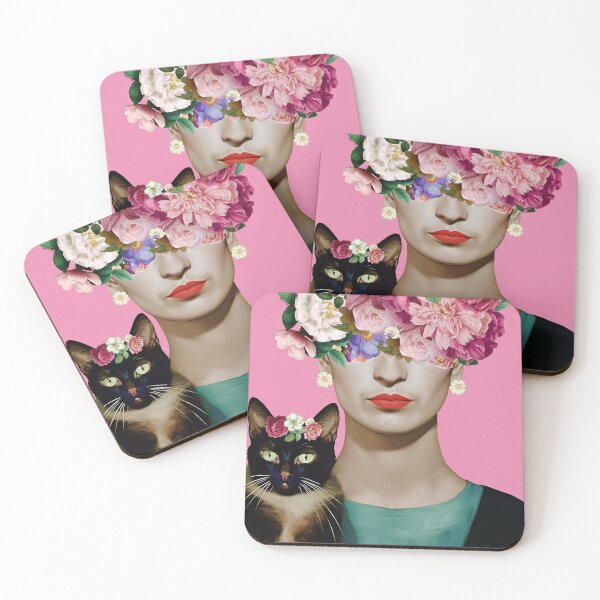 Item preview, Portrait Frida Kahlo pink with flowers and cat designed and sold by Carinaprint.