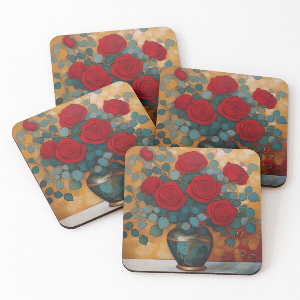 Item preview, Red Roses and Eucalyptus Leaves Modern Still Life Painting designed and sold by Vicky Brago-Mitchell®.
