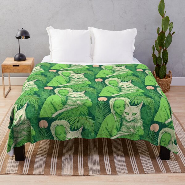 Item preview, a green alien cuddling a Maine Coon cat with tropical background. designed and sold by tileartwork.