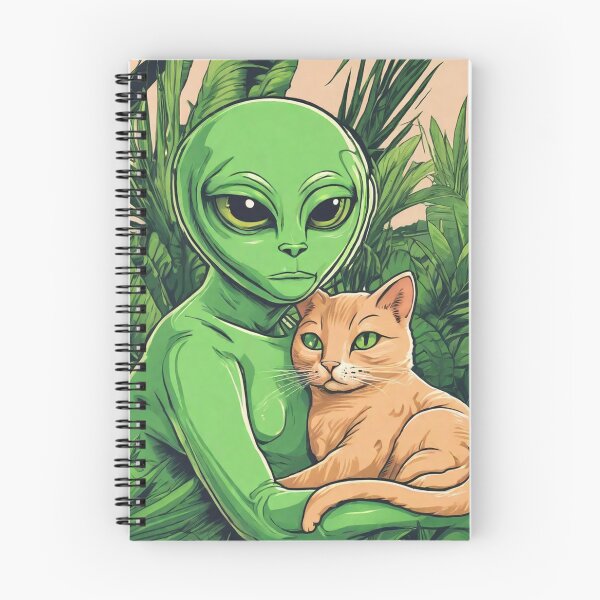 Item preview, a green alien cuddling a Manx cat with tropical background. designed and sold by tileartwork.