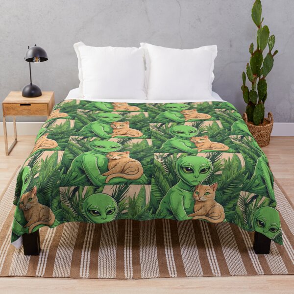 Item preview, a green alien cuddling a Manx cat with tropical background. designed and sold by tileartwork.
