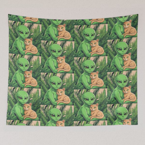 Item preview, a green alien cuddling a Manx cat with tropical background. designed and sold by tileartwork.