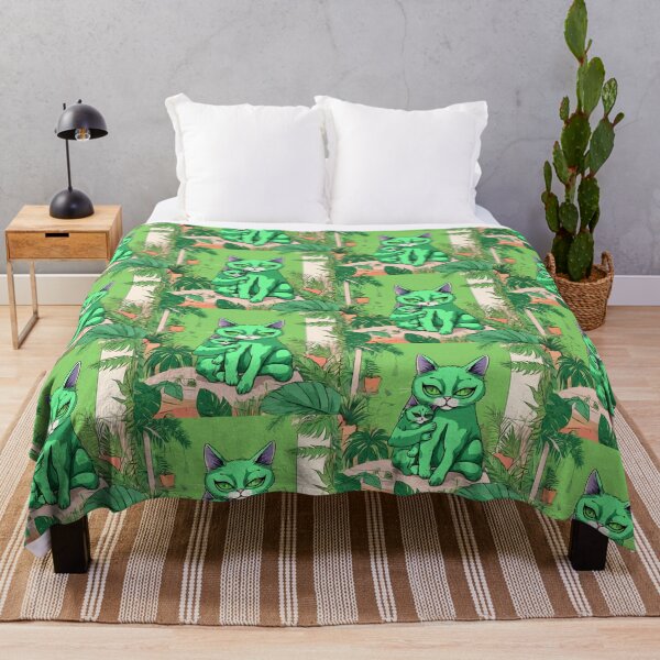 Item preview, a green alien cuddling a Ragdoll cat with a tropical background. designed and sold by tileartwork.