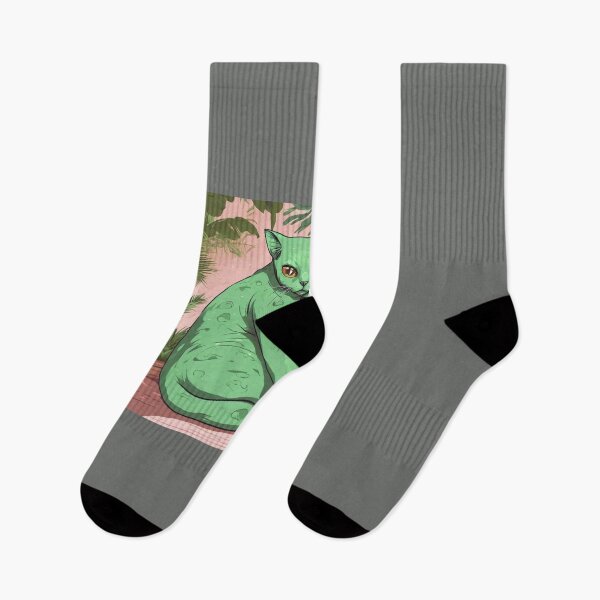 Item preview, un extraterrestre verde abrazando a un gato Scottish Fold con un fondo tropical. designed and sold by tileartwork.