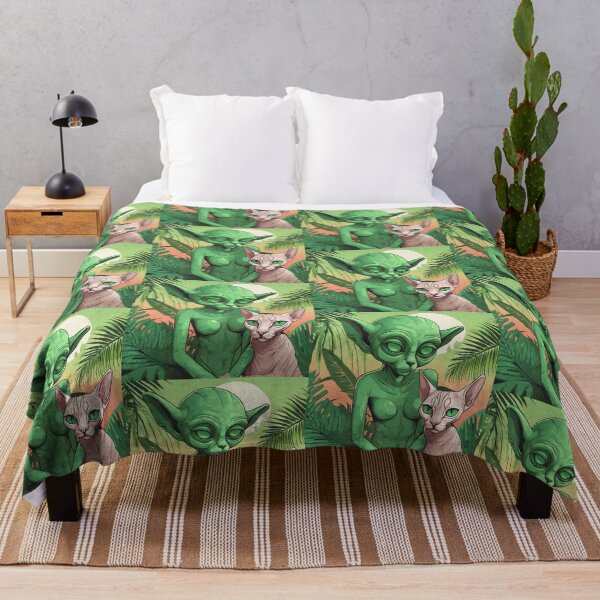 Item preview, a green alien cuddling a Sphynx cat with tropical background. designed and sold by tileartwork.