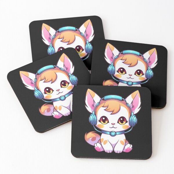 Item preview, Kawaii Cat Wearing Headphones (Black) designed and sold by vasetti-press.