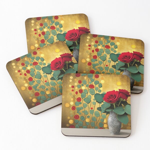 Item preview, Red Roses and Eucalyptus Leaves in a Patterned Vase designed and sold by Vicky Brago-Mitchell®.