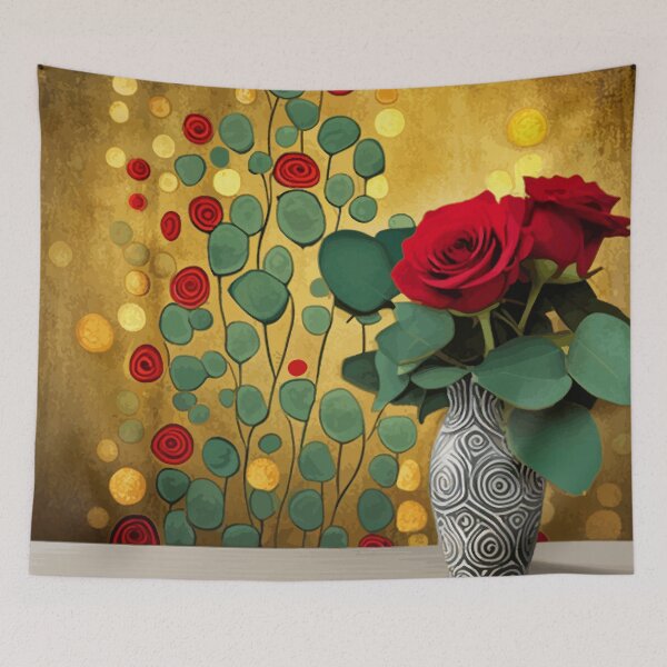 Item preview, Red Roses and Eucalyptus Leaves in a Patterned Vase designed and sold by Vicky Brago-Mitchell®.