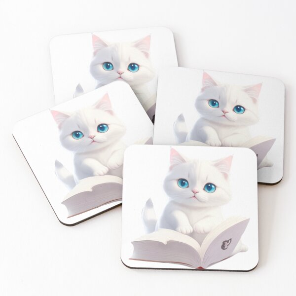 Item preview, white cat reading book designed and sold by KorArtStudio.