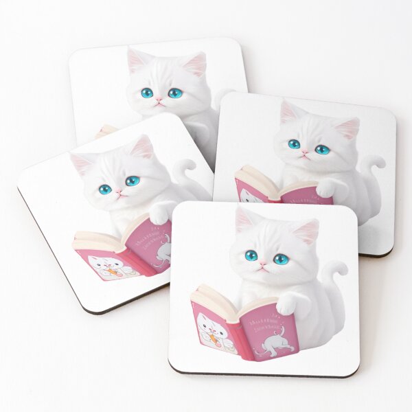 Item preview, cute white cat reading book designed and sold by KorArtStudio.