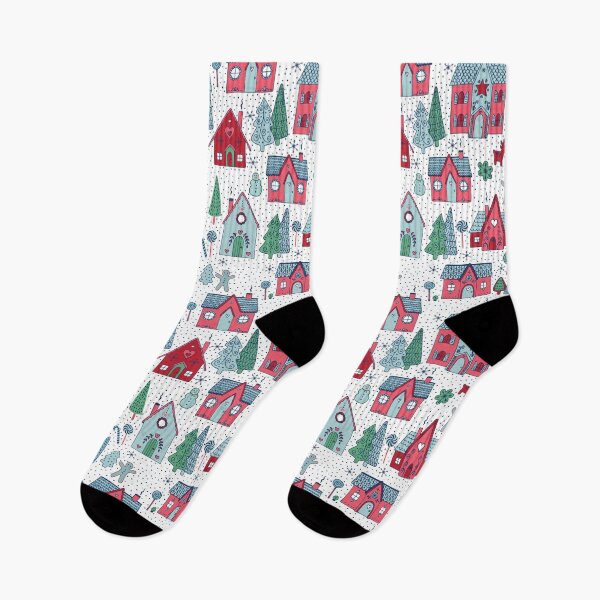 Item preview, Gingerbread Houses in the snow - light blue and pink on white - cute Christmas pattern by Cecca Designs designed and sold by Cecca-Designs.
