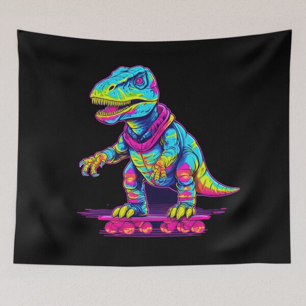 Item preview, Colorful neon dinosaur - T Rex rides a skateboard designed and sold by WallGemsArt.