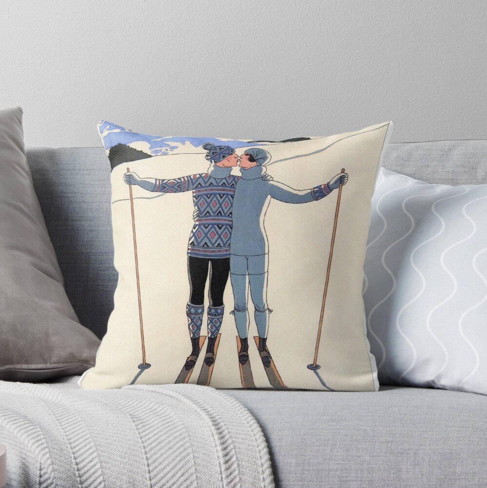 Vintage George Barbier - Couple Skiing 1925 Fine Art Throw Pillow