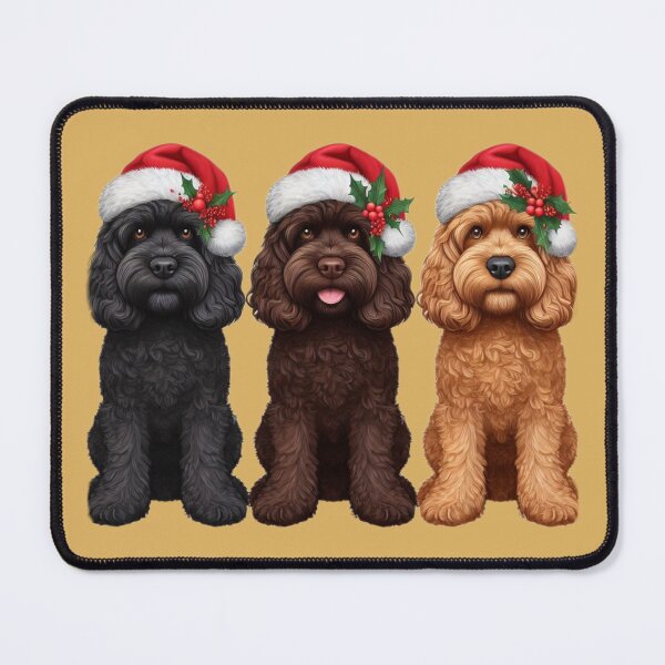 Artikelvorschau, Drei Weihnachtscockerpoos in Weihnachtsmützen entworfen und verkauft von barksandsqueaks.