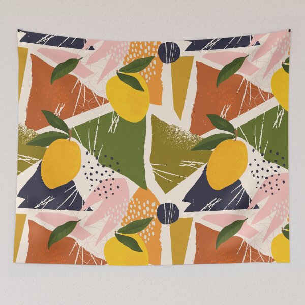 Item preview, Collage contemporary mango seamless pattern. Modern exotic jungle fruits and plants illustration designed and sold by AngelinaBambina.