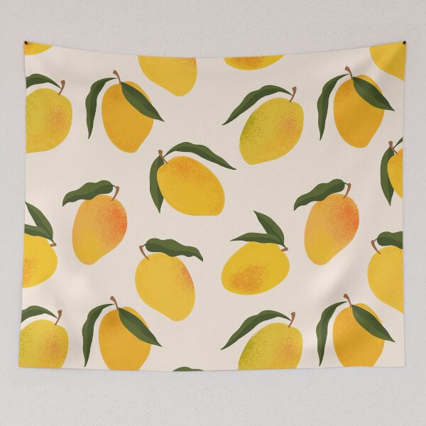 Item preview, Collage contemporary mango seamless pattern. Modern exotic jungle fruits and plants illustration designed and sold by AngelinaBambina.