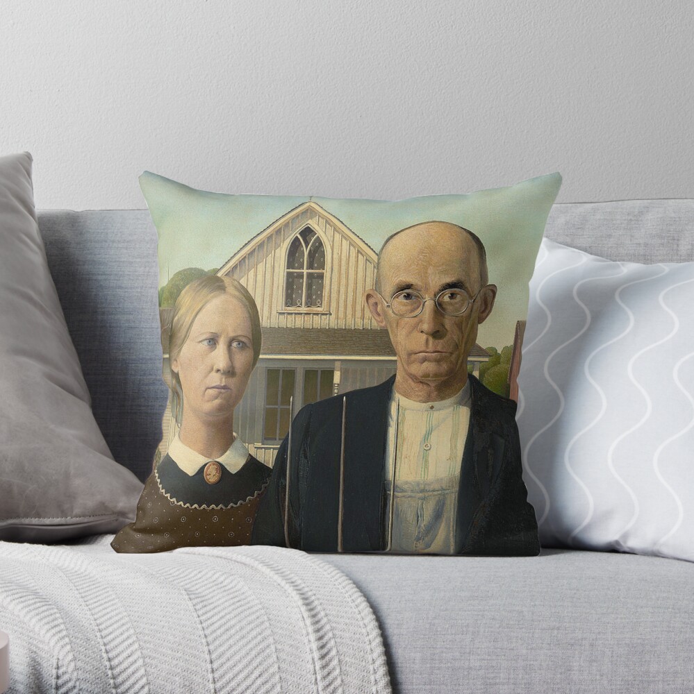 American Gothic Painting By Grant Wood Art Institute Of Chicago On Black Throw Pillow By Tomsredbubble Redbubble