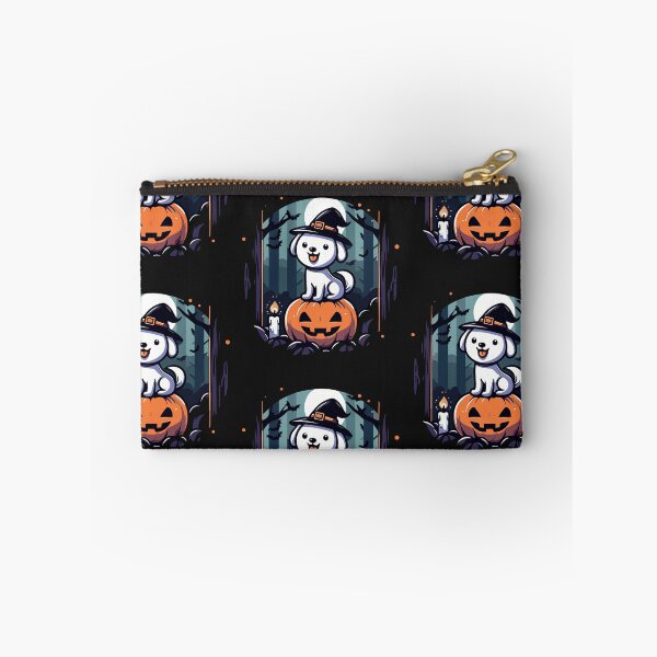 Item preview, “Treat or Trick”/carved pumpkin and dog dressed as a witch designed and sold by yensyriv.
