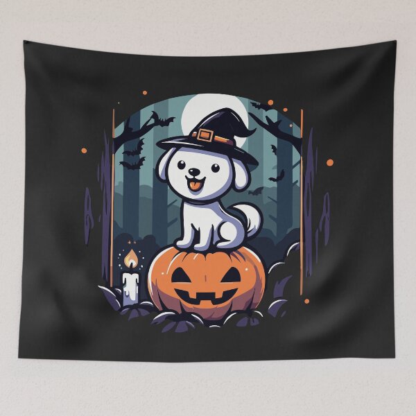 Item preview, “Treat or Trick”/carved pumpkin and dog dressed as a witch designed and sold by yensyriv.