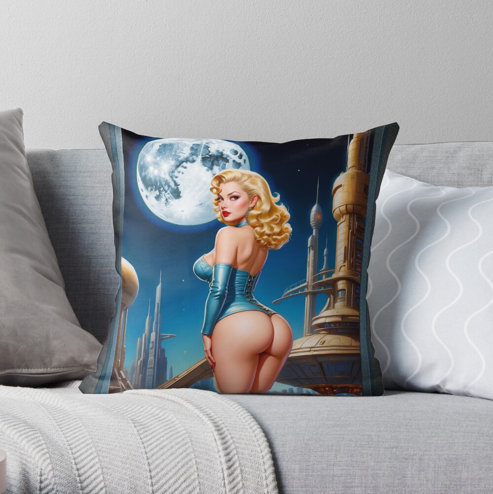 The Future Looks Golden Retro Fusion Pin Up AI Concept Art by Xzendor7 - A Beauty By Moonlight 3 The Future Looks Golden Gorgeous Retro Fusion Pin Up AI Concept Art by Xzendor7 Decorative Throw Pillow Art Print
