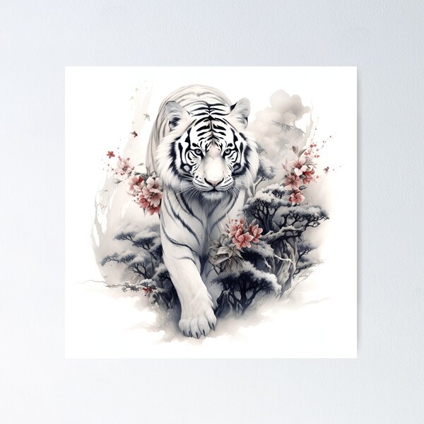  White Tiger Line Drawing Polygon Stripes Pattern Artwork Framed  A3 Wall Art Print: Posters & Prints