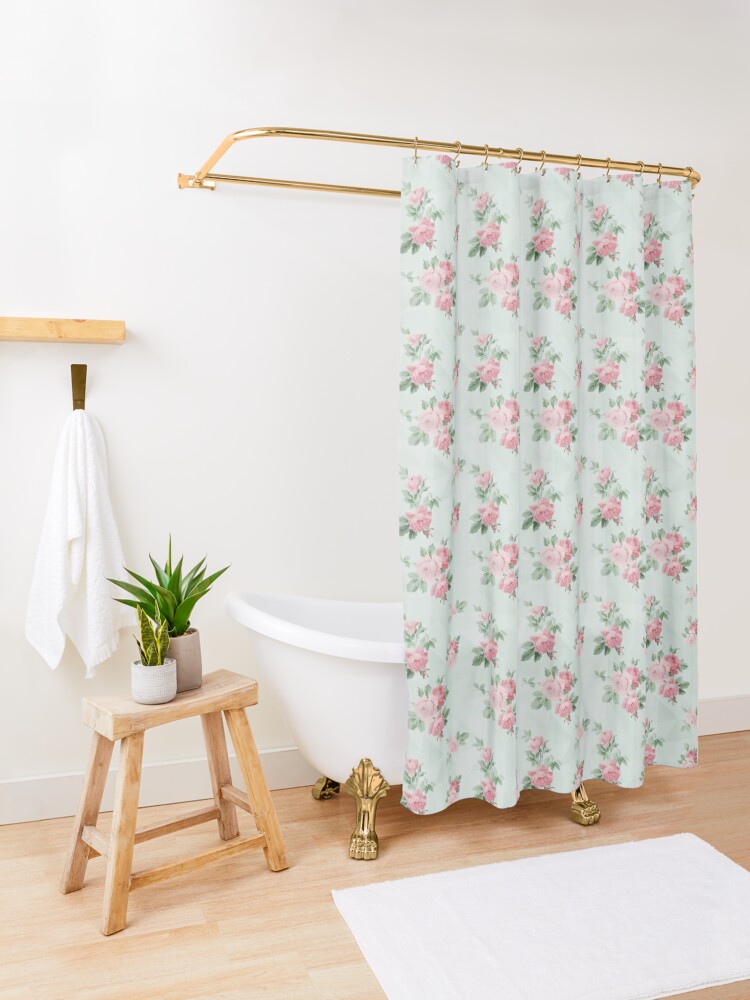 Vintage Shabby Chic Pink and Mint Large Rose Shower Curtain