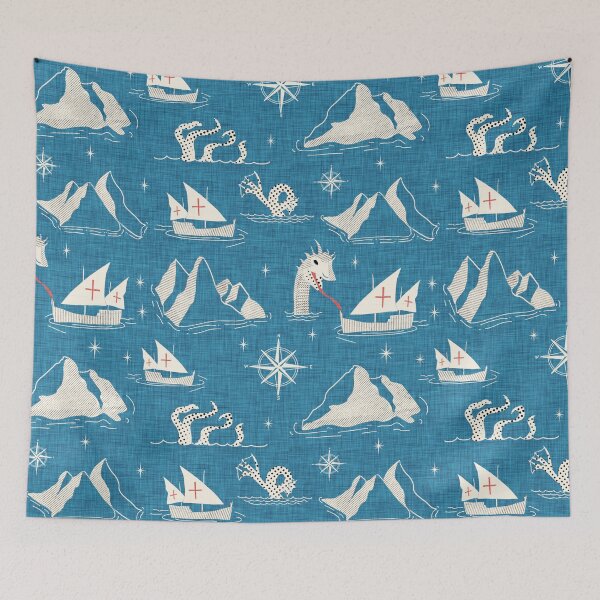 Item preview, Medieval Nautical Sea Creatures Map Blue designed and sold by susycosta.
