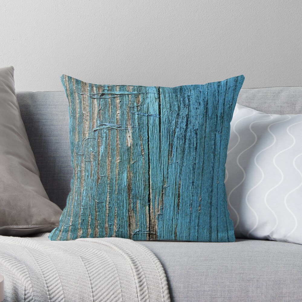Rustic wood effect shabby print in turquoise Throw Pillow