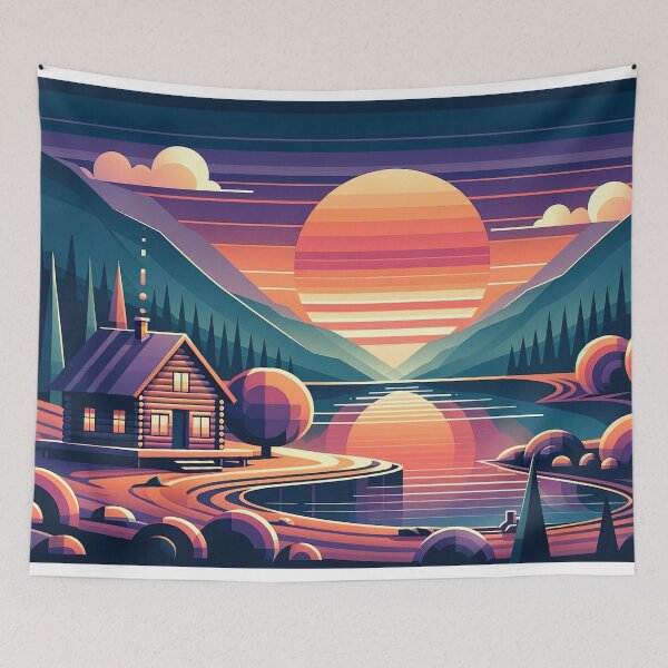 Item preview, Lakeside Sunset Haven - Vibrant Landscape Illustration designed and sold by RyanBelandres.