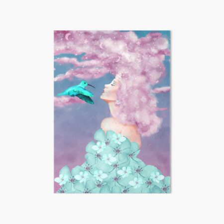Bild Dreaming Freya, Kolibri, Blüten, Wolken, Sterne Galeriedruck