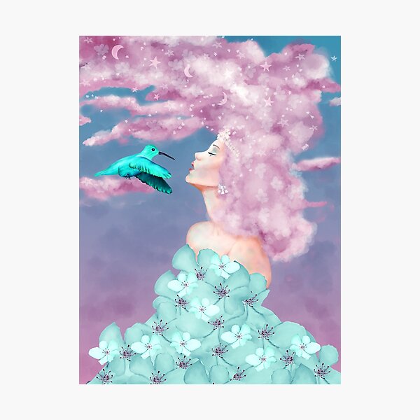 Item preview, Image Dreaming Freya, hummingbird, flowers, clouds, stars designed and sold by Brittaelling.
