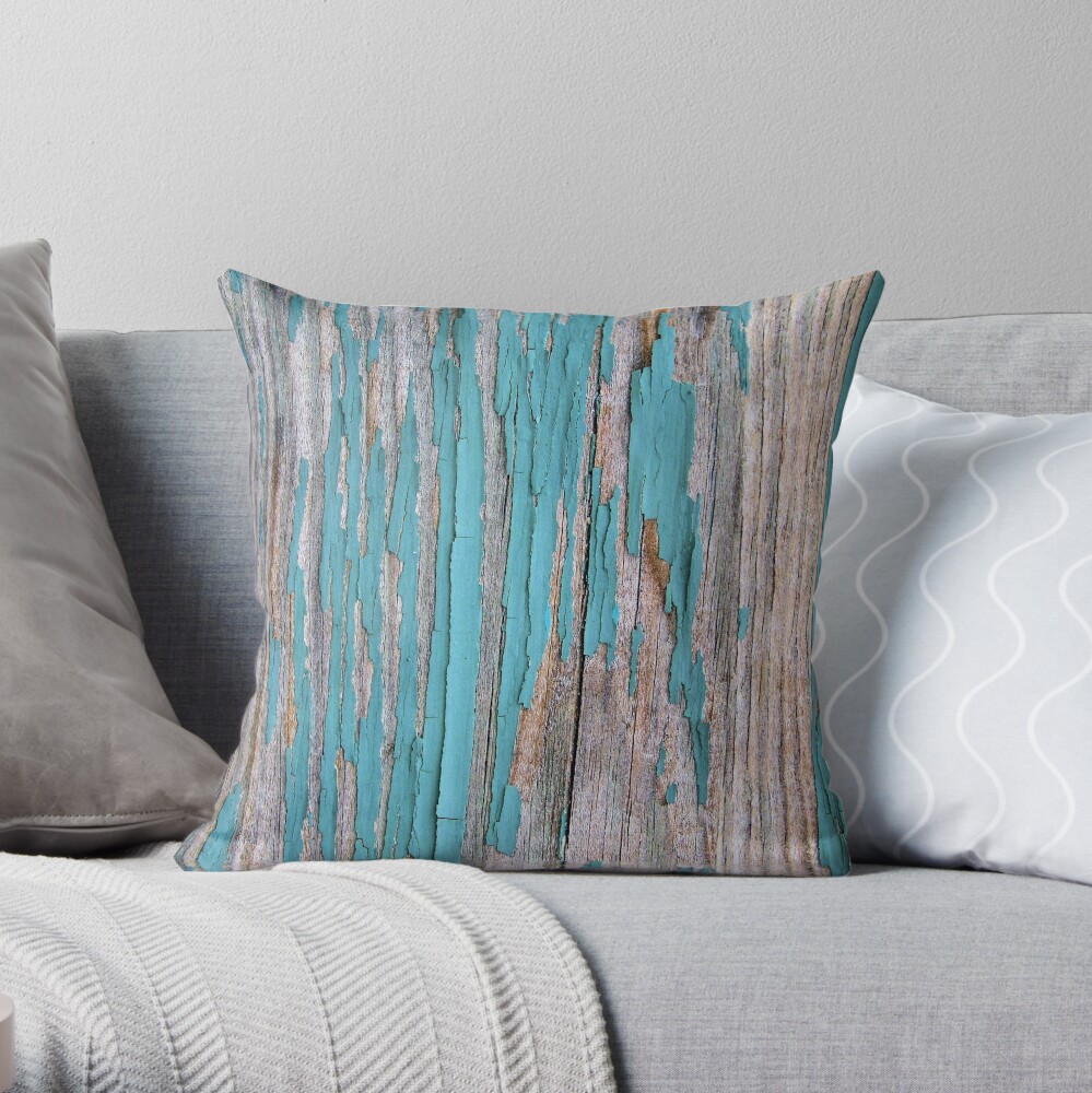 Shabby rustic weathered wood turquoise Throw Pillow