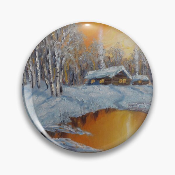 Item preview, Winter sunset Snow Forest Cottage in woods Oil painting designed and sold by ArtUnova.
