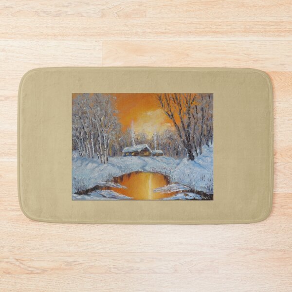 Item preview, Winter sunset Snow Forest Cottage in woods Oil painting designed and sold by ArtUnova.
