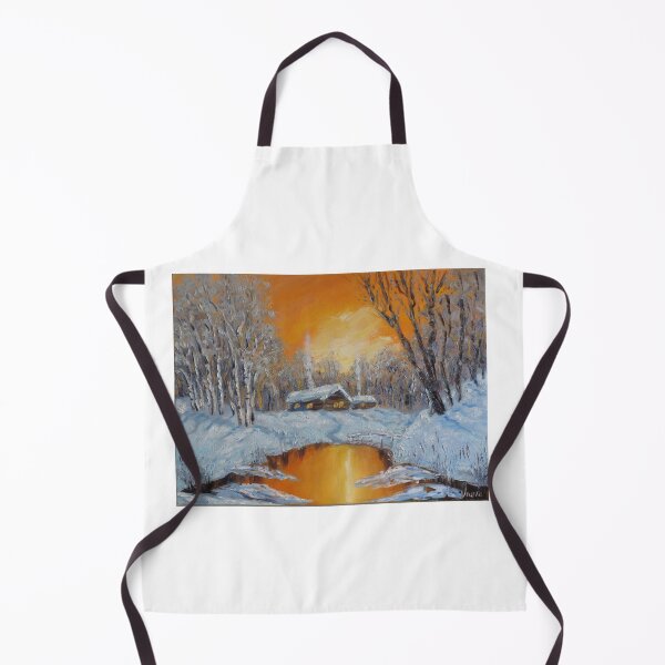 Item preview, Winter sunset Snow Forest Cottage in woods Oil painting designed and sold by ArtUnova.