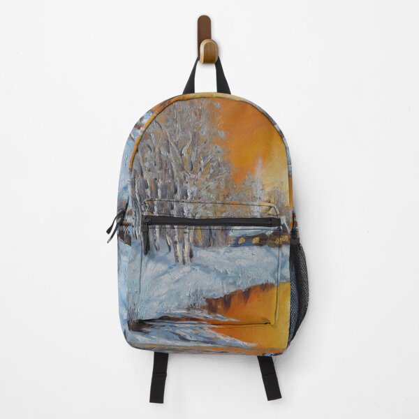 Item preview, Winter sunset Snow Forest Cottage in woods Oil painting designed and sold by ArtUnova.