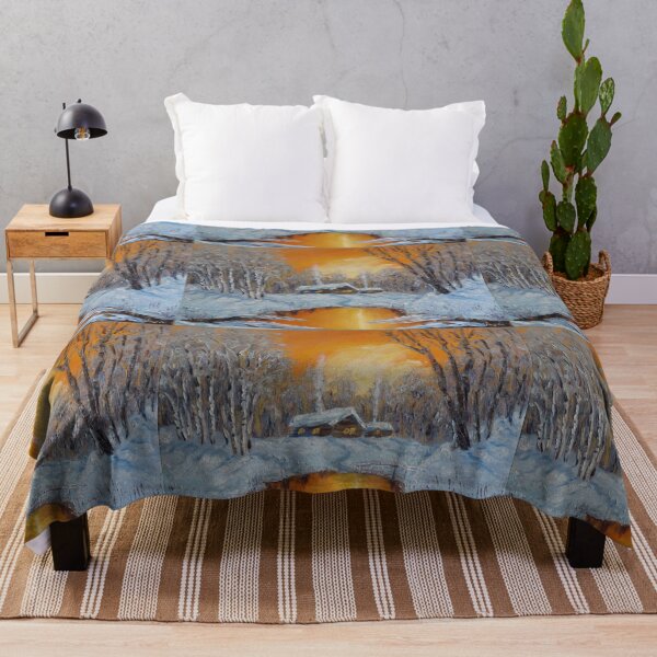 Item preview, Winter sunset Snow Forest Cottage in woods Oil painting designed and sold by ArtUnova.